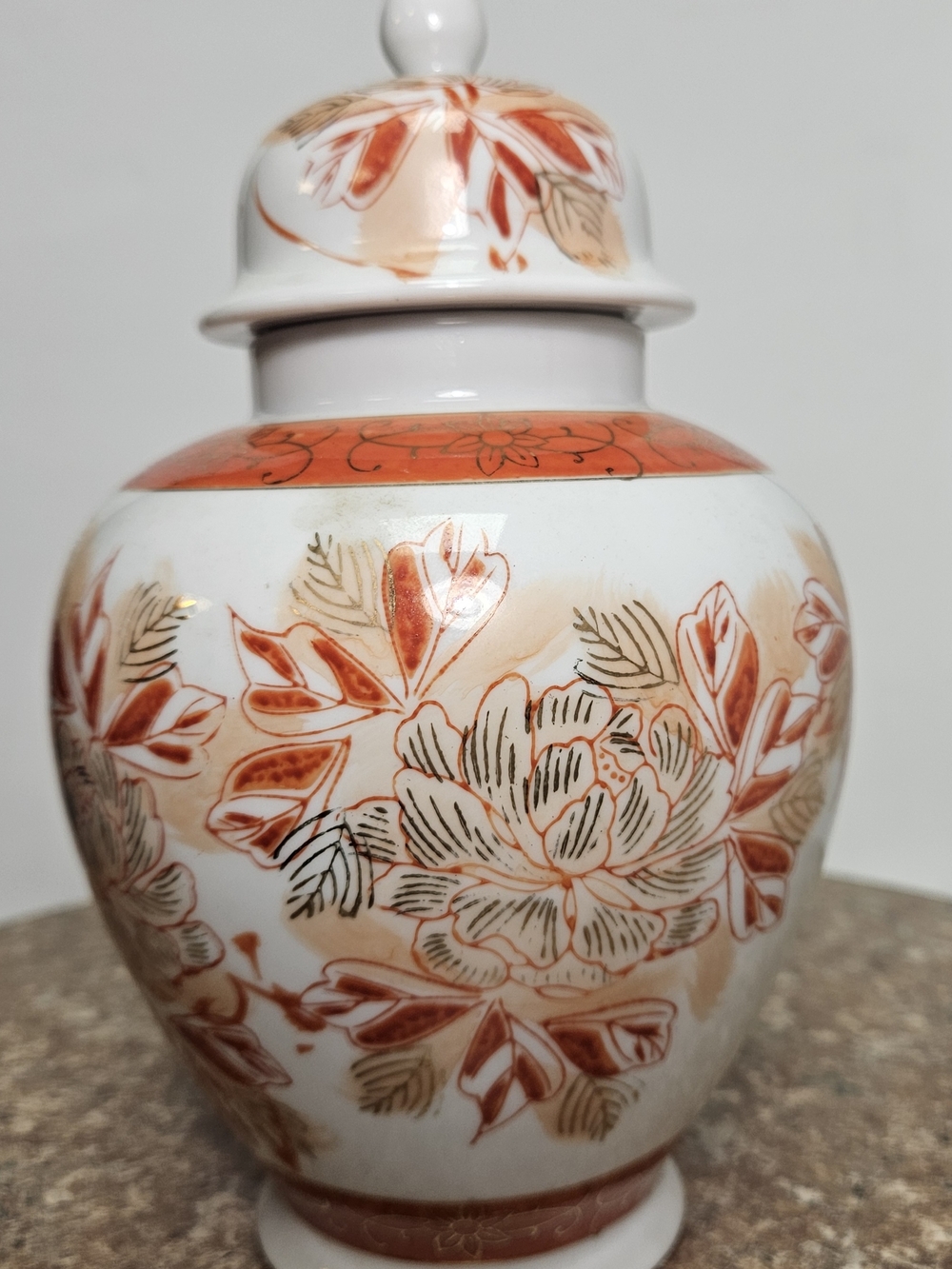 Japanese Vintage Porcelain Ginger Jar in Burnt Orange and Gold Accents